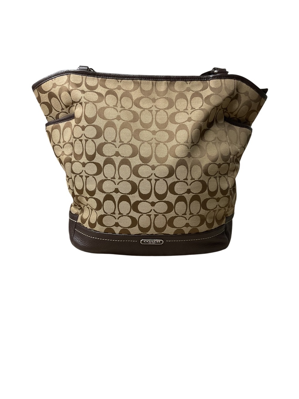 Coach Park Signature North South Tote F23295 Khaki Mahogany Brown Leather